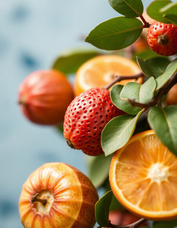Fresh fruits on a blue background, close-up, selective focus.の写真素材