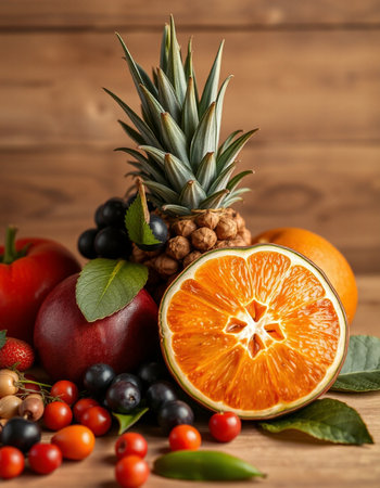 Fruits and vegetables on wooden background. Healthy eating concept. Close up.