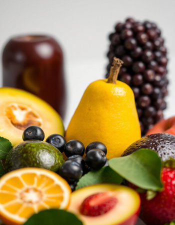 Fresh fruits on a white background, close-up, selective focusの写真素材