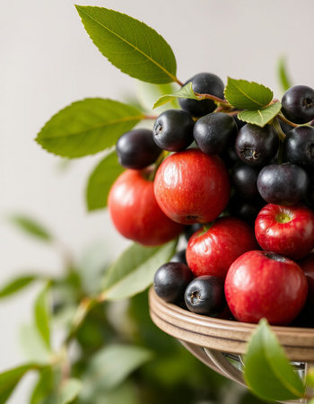 Ripe red and black fruits in a vase on a gray backgroundの写真素材
