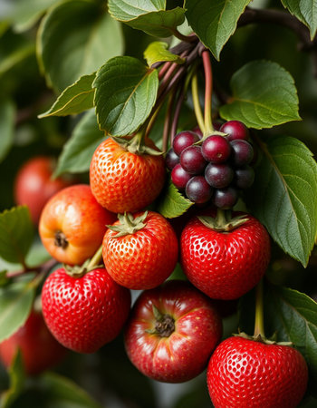 Ripe strawberries on a branch with green leaves, close-upの写真素材
