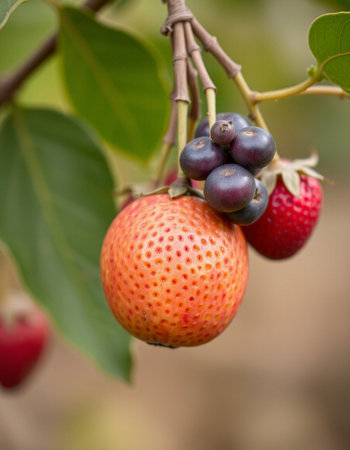 Strawberry fruit on the tree in the garden, Thailand.の写真素材