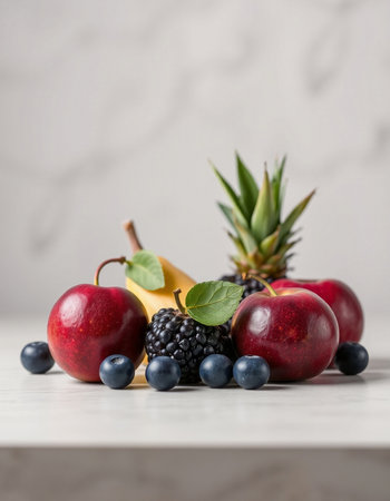 Fresh fruits on a white wooden table. Healthy food concept. Selective focus.の写真素材