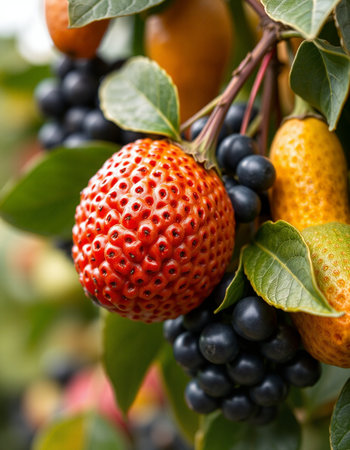 Strawberry fruit on a branch in the garden. Close up.の写真素材