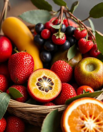 Fresh fruits in a basket on a wooden background. Healthy food.の写真素材