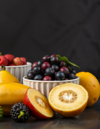 Fresh fruits and berries in a bowl on a dark background. Selective focus.の写真素材