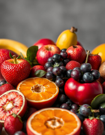 Mix of fresh fruits and berries on grey background, selective focus.の写真素材