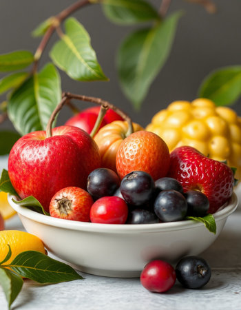 Assortment of fresh fruits in a bowl on a wooden table.の写真素材