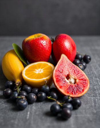Fresh fruits on black background, selective focus. Healthy food concept.の写真素材
