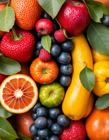 Fresh fruits and vegetables as background, top view, close-upの写真素材