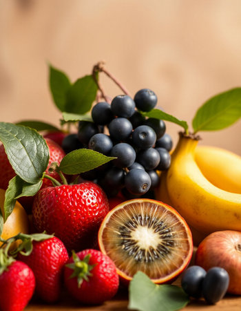 Fresh fruits and berries on wooden table. Healthy eating concept. Selective focus.の写真素材
