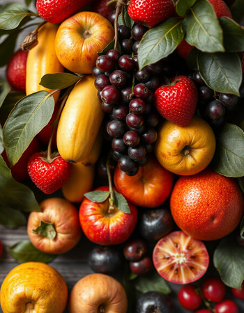 Variety of fresh fruits and berries in a basket on wooden backgroundの写真素材