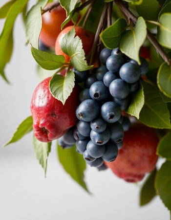 Bunch of fresh red and blue berries with green leaves on white backgroundの写真素材
