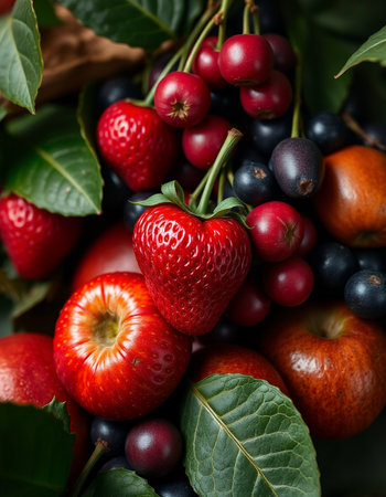 Fresh fruits and berries. Healthy food background. Top view. Copy space.