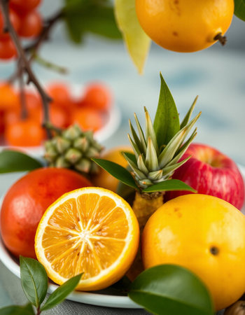 Closeup of a plate full of fresh citrus fruits including lemons, oranges and grapefruits