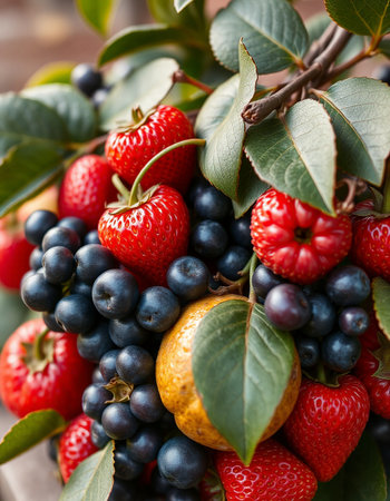 Fresh fruits and berries on a wooden table. Close-up.の写真素材