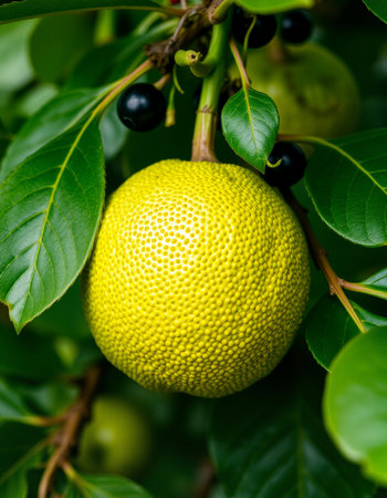 Close up of a yellow lemon on a tree branch with green leaves