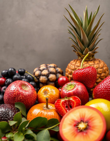 Composition of fresh fruits and berries on grey background. Healthy food concept.の写真素材