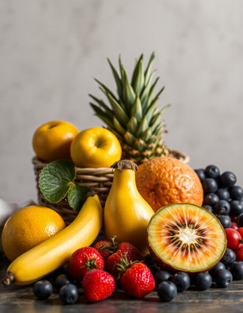 Mix of fresh fruits on a wooden table. Selective focus.の写真素材