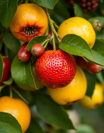 Strawberries on the branch of a tree in the garden.の写真素材