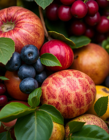 Fruits and berries in a basket, close-up, selective focusの写真素材