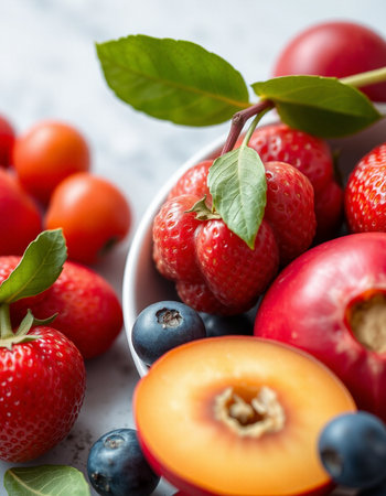 Mix of fresh summer berries in a bowl on a light background.の写真素材