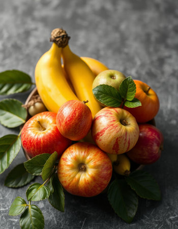 Fruit basket with bananas, apples and bananas on a dark backgroundの写真素材