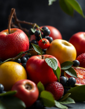 Fresh fruits and berries on dark background, selective focus. Healthy food concept.の写真素材