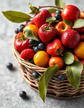 Basket with fresh summer berries on grey table, closeup.の写真素材