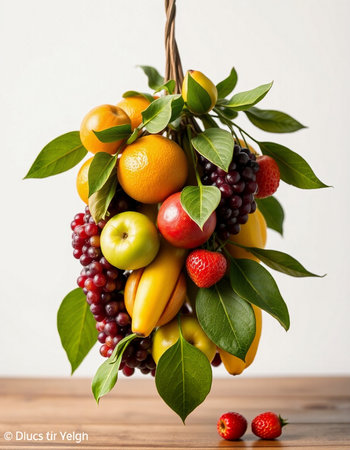 Fruit arrangement on a wooden table with a white wall in the backgroundの写真素材