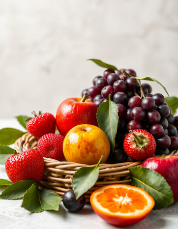 Fresh fruits in a basket on a light background. Selective focus.の写真素材