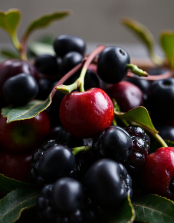 Ripe cherries and black chokeberry with green leaves. Selective focus.の写真素材