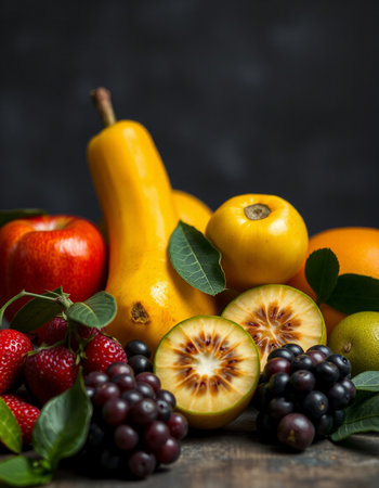 Fruits and vegetables on a dark background. Healthy food concept.の写真素材