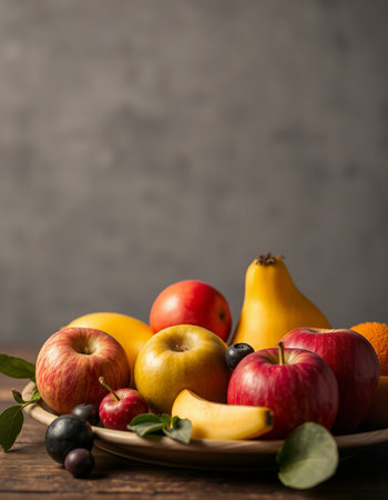 Fruits on wooden table with copy space. Healthy food background.の写真素材