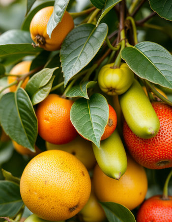 Fruit on the tree in the garden, closeup of photoの写真素材