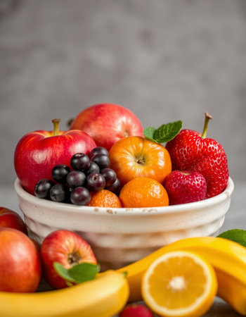 Assorted fresh fruits in a bowl on grey background, selective focusの写真素材