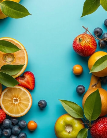 Fruits and berries on blue background. Flat lay, top viewの写真素材