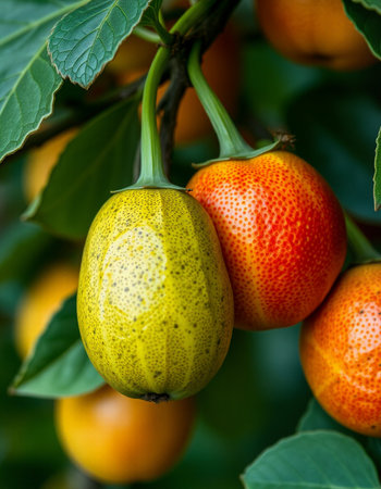 Close-up of yellow and red fruits on the tree.