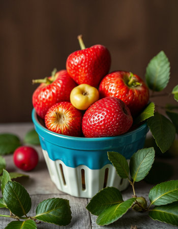 Fresh strawberries in a bowl on a wooden background. Selective focus.