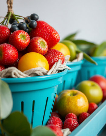 Fresh fruits in a blue basket on a gray background, selective focus