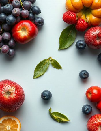 Fruits and berries on blue background. Top view, flat lay