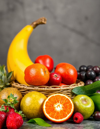 Fresh fruits in a basket on a gray background. Healthy food.の写真素材