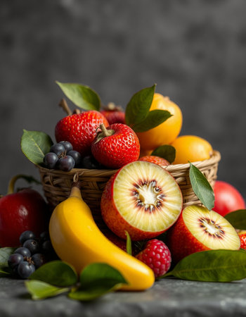 Fruits in a basket on a gray background. Healthy food.の写真素材