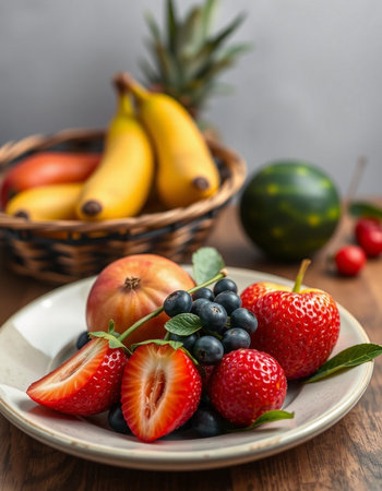 Plate with fresh berries and fruits on wooden table, selective focusの写真素材