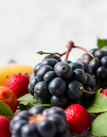 Mix of fresh berries on a white background, selective focus, verticalの写真素材