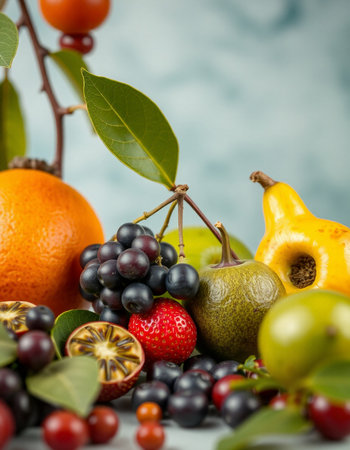 Fresh fruits and berries on a light background. Selective focus.の写真素材