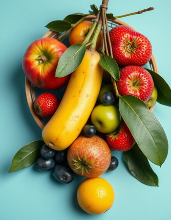 Fruits in a basket on a blue background, top view.の写真素材