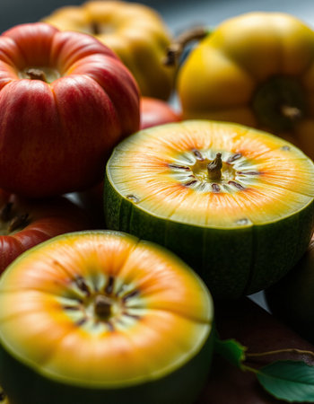 Close up of a group of fresh organic heirloom tomatoes.の写真素材