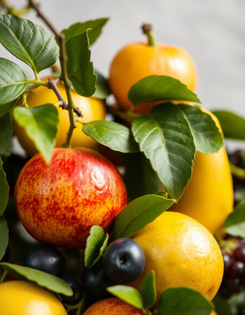 Variety of fruits with leaves, close-up, selective focusの写真素材