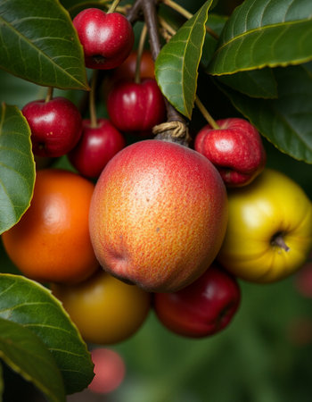 Close up of a bunch of red and yellow fruits on a branchの写真素材